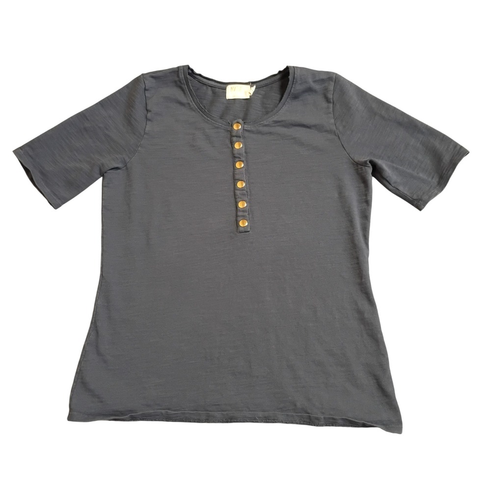 Nation LTD Henley Top Womens Medium Gray Short Sleeve Cotton Slub Scoop Neck